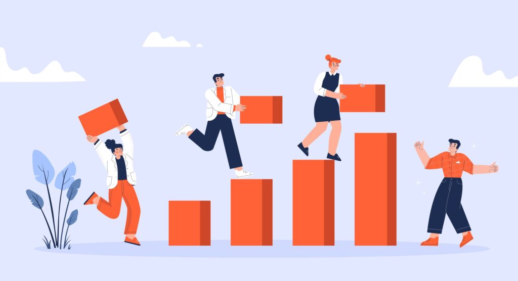 Four diverse business people climb orange steps, placing blocks to build a bar chart, symbolizing growth and teamwork.