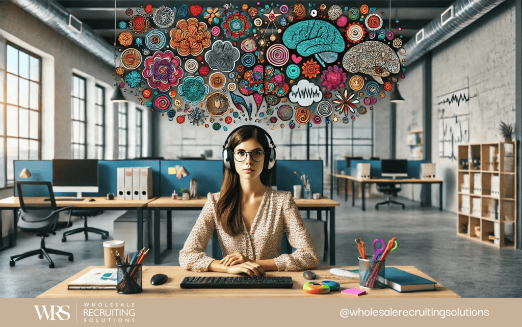Woman with glasses and headphones sits at a desk in a modern office, colorful brain graphics hover above.