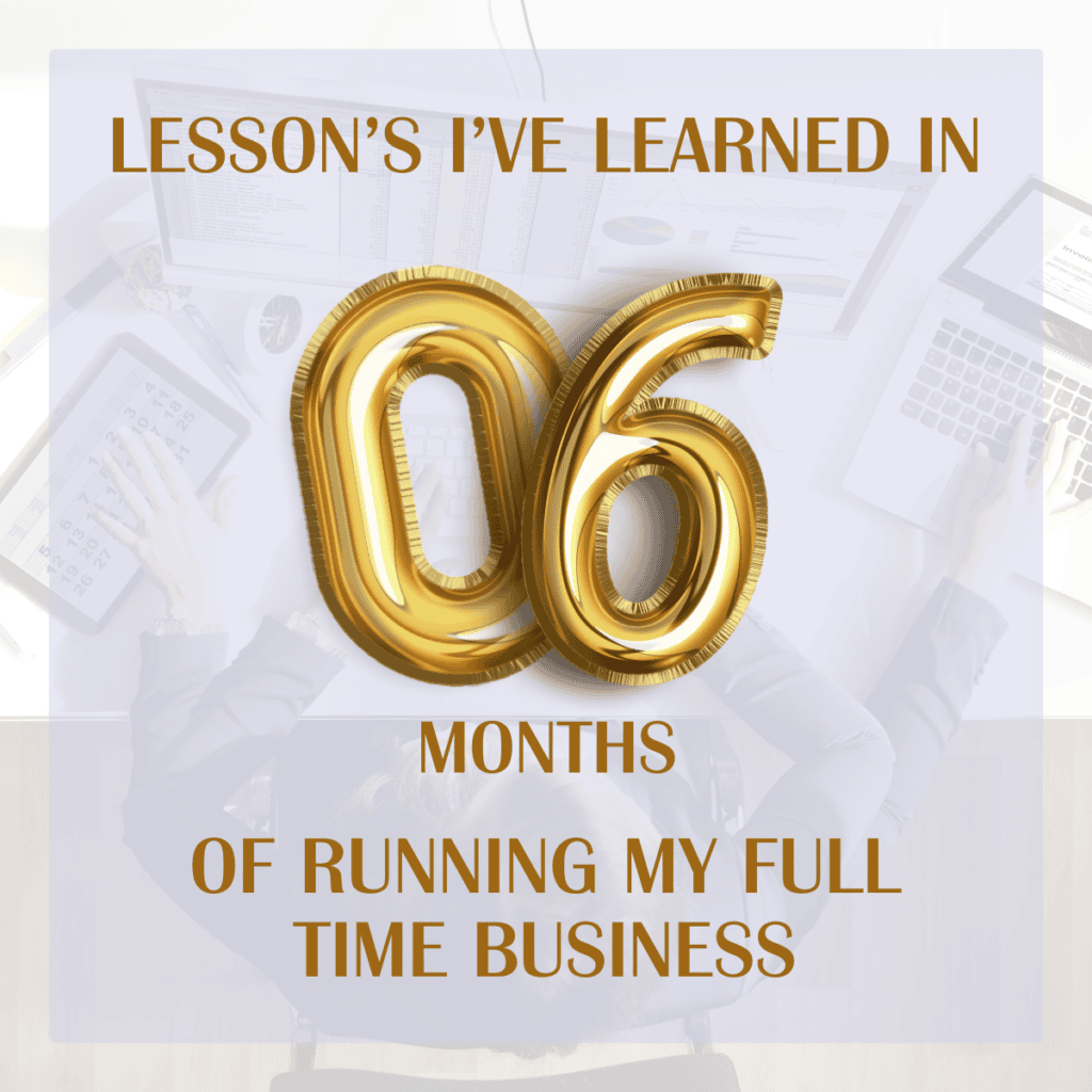 Gold 06 balloon numbers over text 'LESSON'S I'VE LEARNED IN 6 MONTHS OF RUNNING MY TIME BUSINESS' with laptops and calendar.