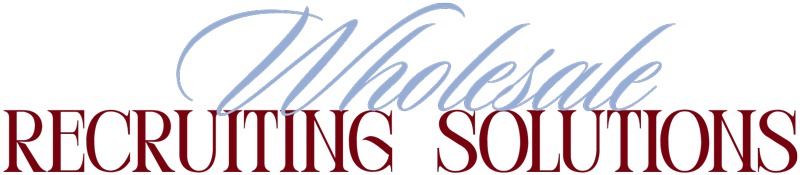 Logo with 'Wholesale' in blue cursive script above 'RECRUITING SOLUTIONS' in red uppercase letters on a black background