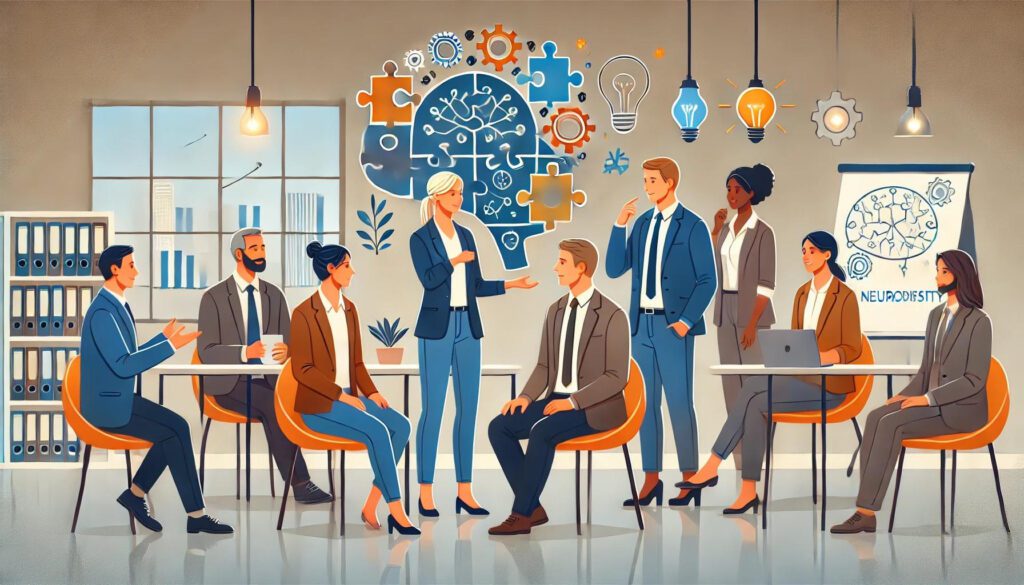 Diverse team collaborating; woman presenter gestures, colleagues listen, brain graphic with puzzle pieces and light bulbs.